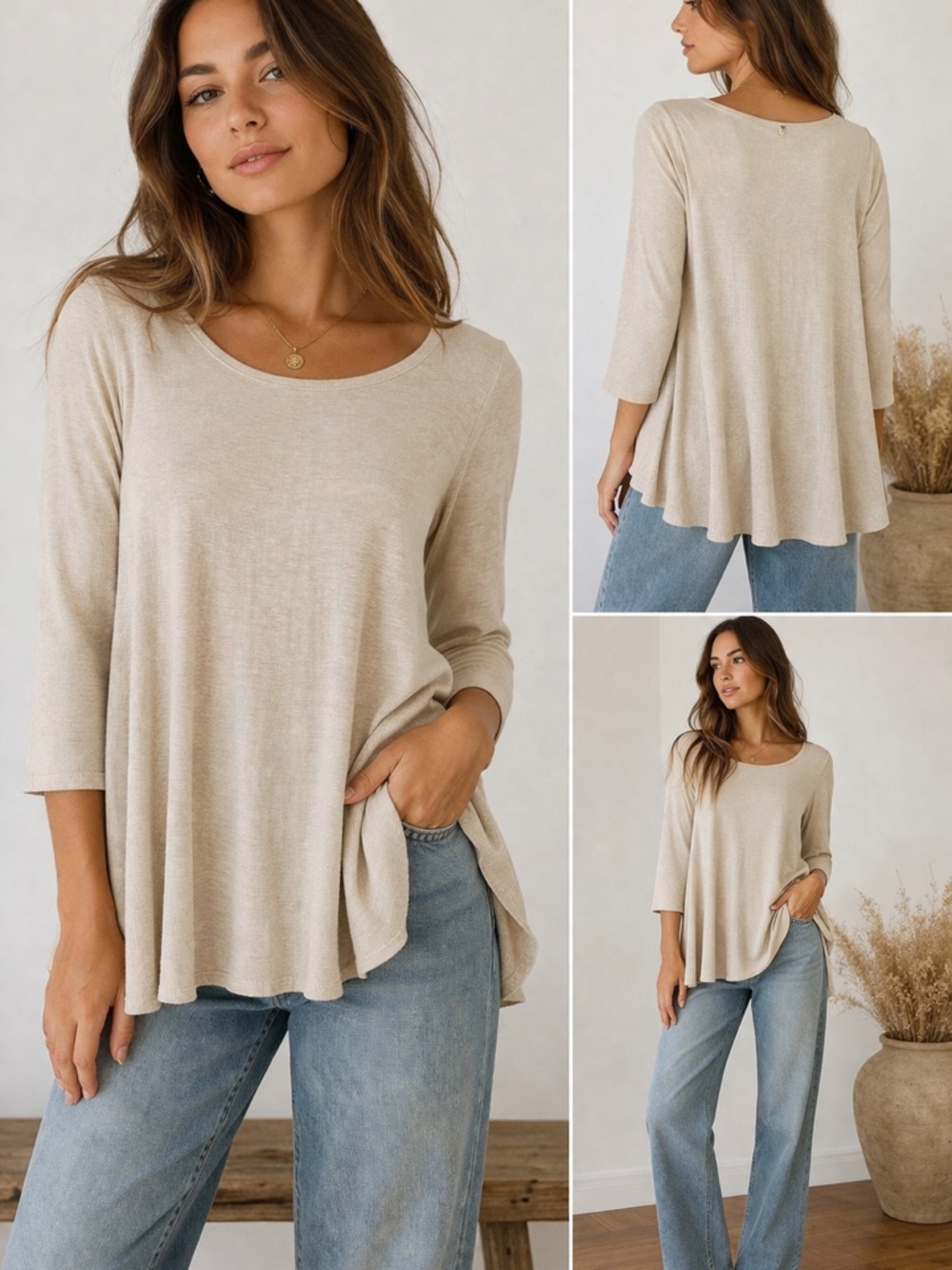Women's Beige Scoop-Neck Swing Top - Lightweight Linen Top, made in USA